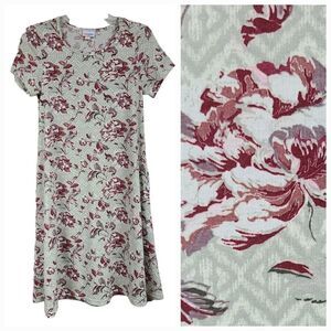 LuLaRoe Jessie Dress Rose Print Gray Pocket Soft Knit Swing Midi Knee Length